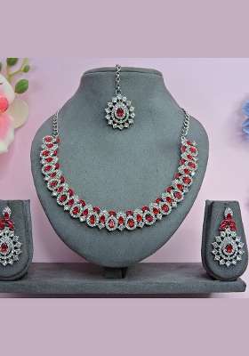 Red Alloy American Diamonds and Stone Necklace Set