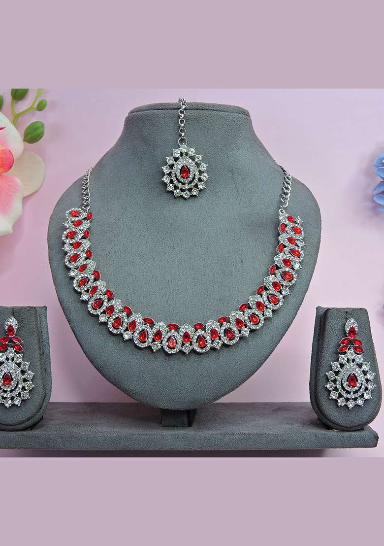 Red Alloy American Diamonds and Stone Necklace Set - Indya