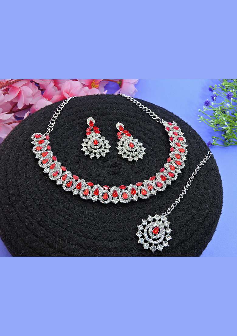 Red Alloy American Diamonds and Stone Necklace Set - Indya