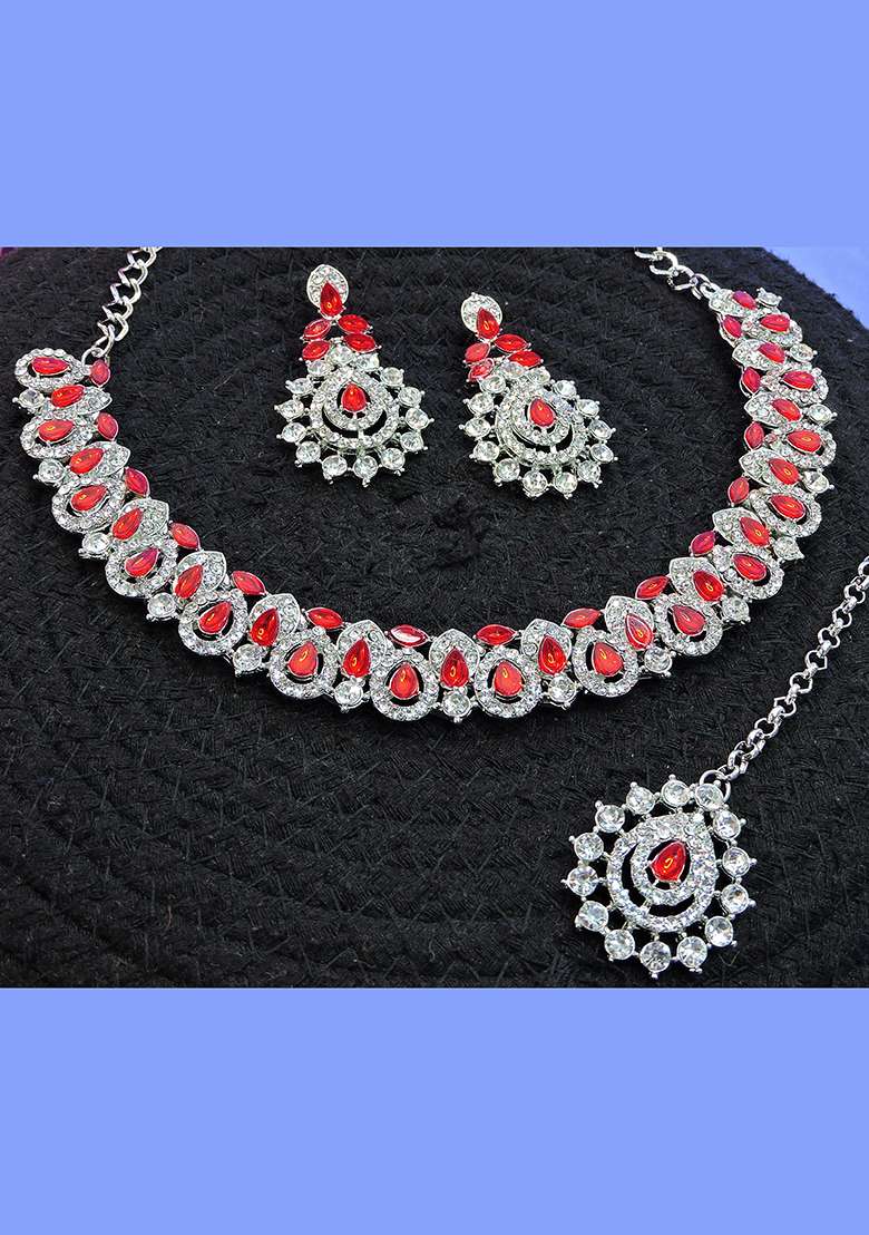 Red Alloy American Diamonds and Stone Necklace Set - Indya