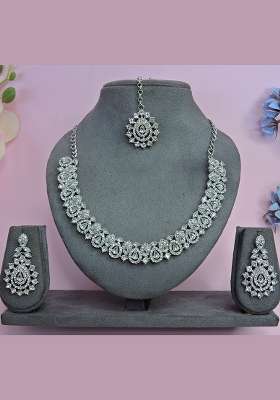 White Alloy American Diamonds and Stone Necklace Set