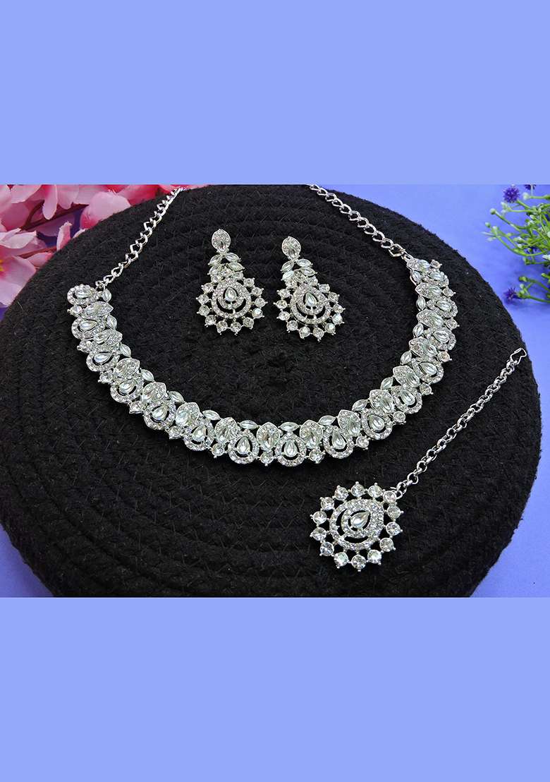 White Alloy American Diamonds and Stone Necklace Set - Indya