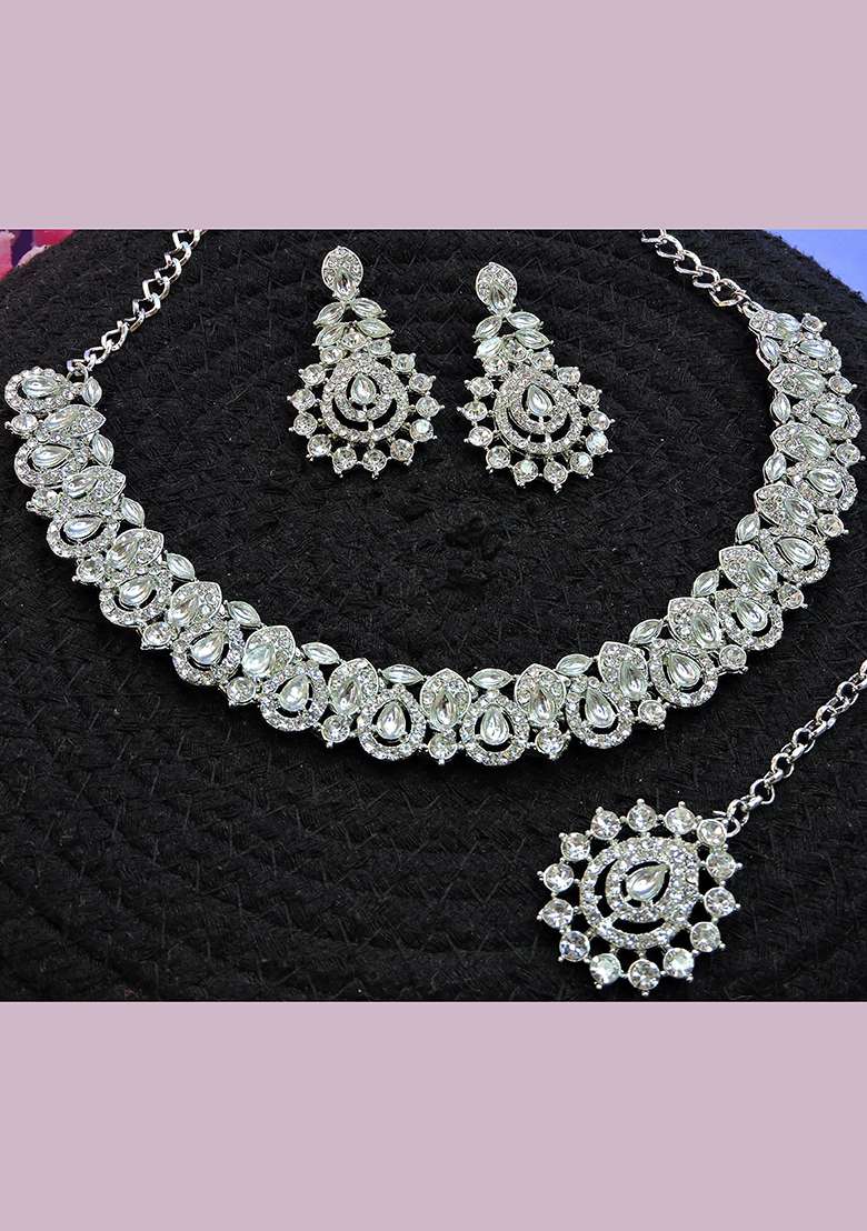White Alloy American Diamonds and Stone Necklace Set - Indya