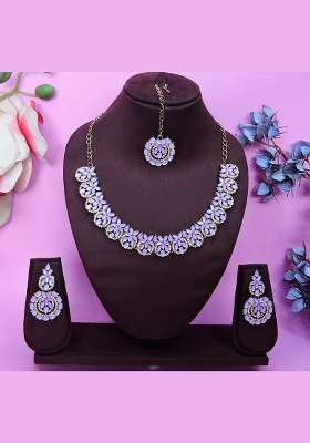 Purple Alloy American Diamonds and Stone Necklace Set