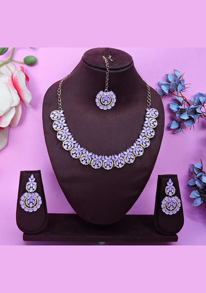 Purple Alloy American Diamonds and Stone Necklace Set - Indya