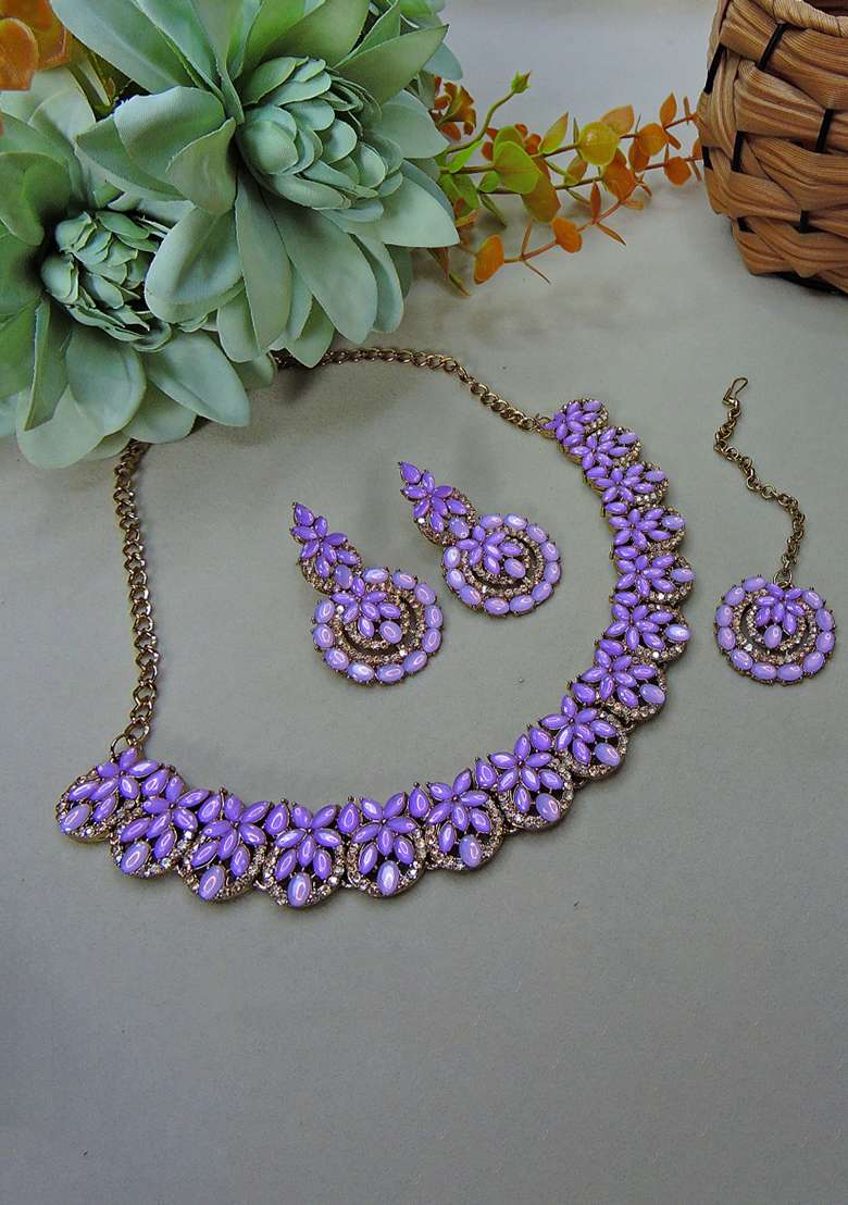 Purple Alloy American Diamonds and Stone Necklace Set - Indya