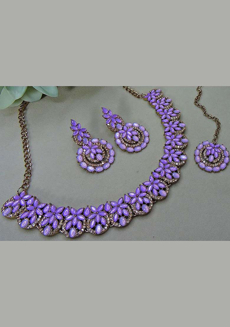 Purple Alloy American Diamonds and Stone Necklace Set - Indya
