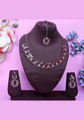 Purple Alloy American Diamonds and Stone Necklace Set