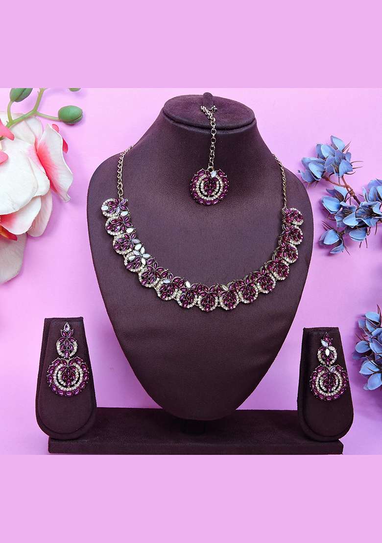 Purple Alloy American Diamonds and Stone Necklace Set - Indya