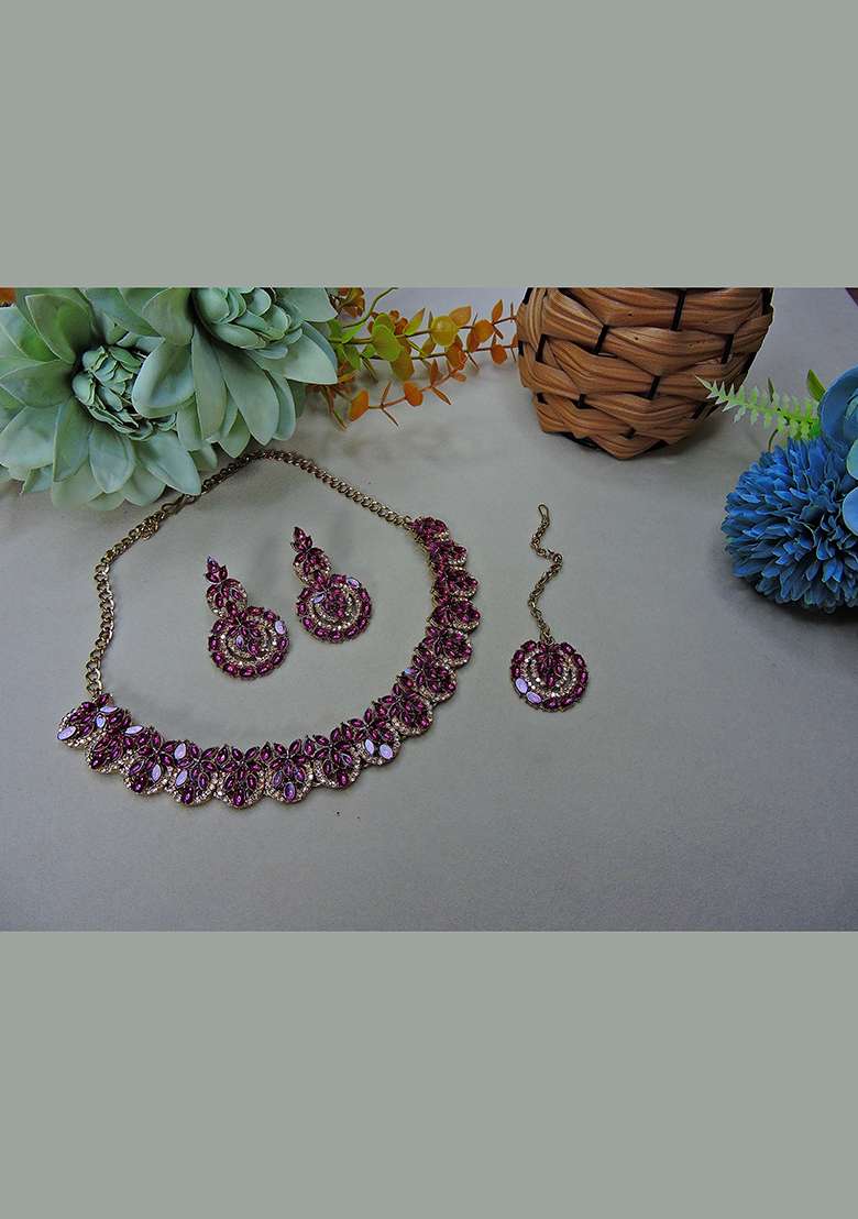 Purple Alloy American Diamonds and Stone Necklace Set - Indya