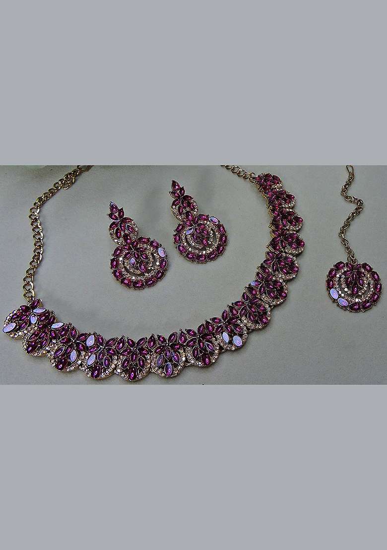 Purple Alloy American Diamonds and Stone Necklace Set - Indya