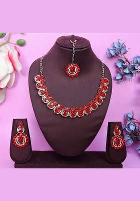 Red Alloy American Diamonds and Stone Necklace Set