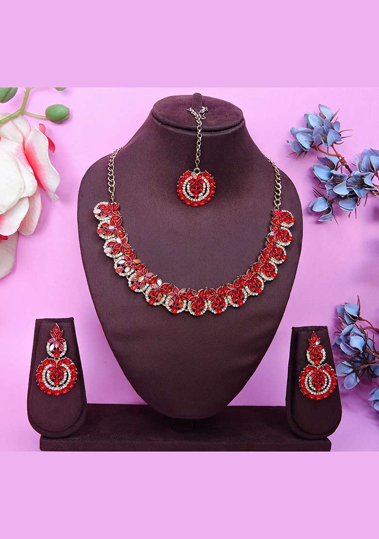 Red Alloy American Diamonds and Stone Necklace Set - Indya