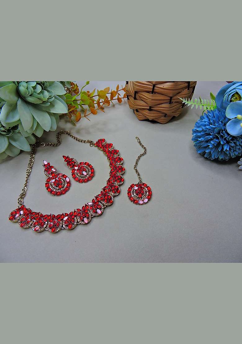 Red Alloy American Diamonds and Stone Necklace Set - Indya
