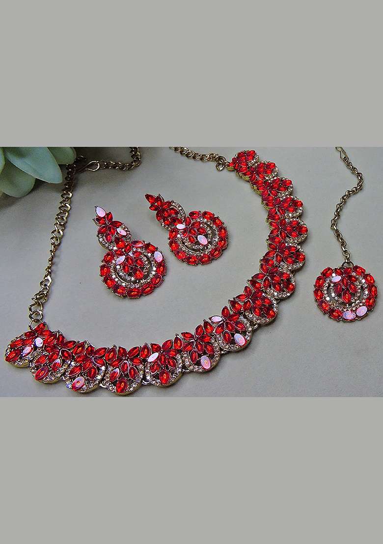 Red Alloy American Diamonds and Stone Necklace Set - Indya