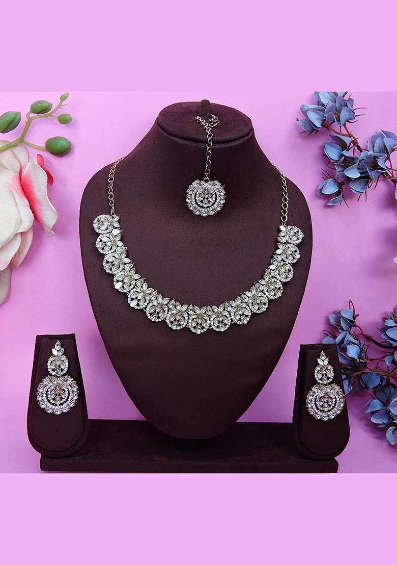 White Alloy American Diamonds and Stone Necklace Set - Indya
