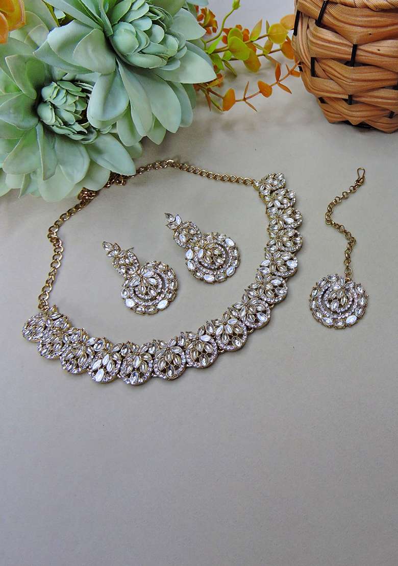 White Alloy American Diamonds and Stone Necklace Set - Indya