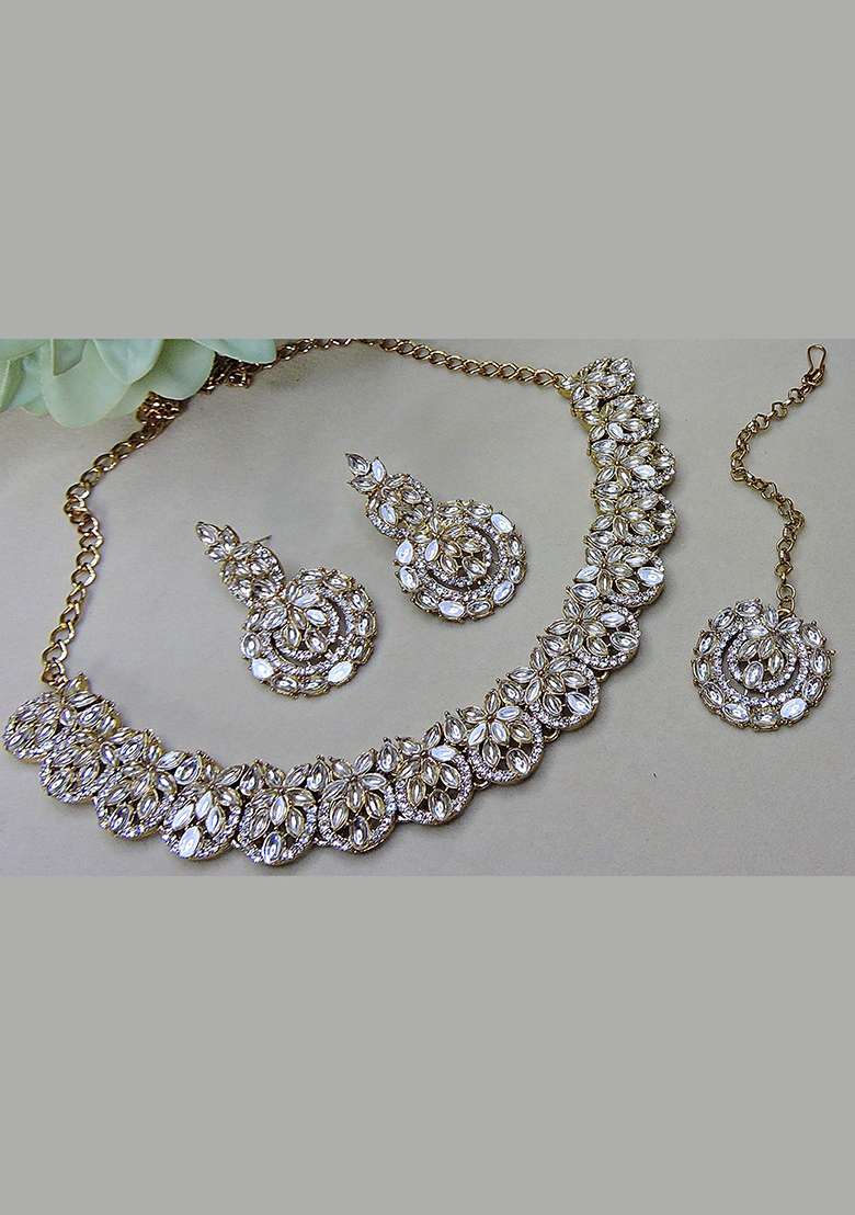 White Alloy American Diamonds and Stone Necklace Set - Indya