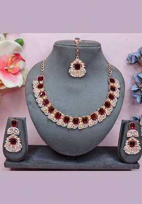 Maroon Alloy American Diamonds and Stone Necklace Set