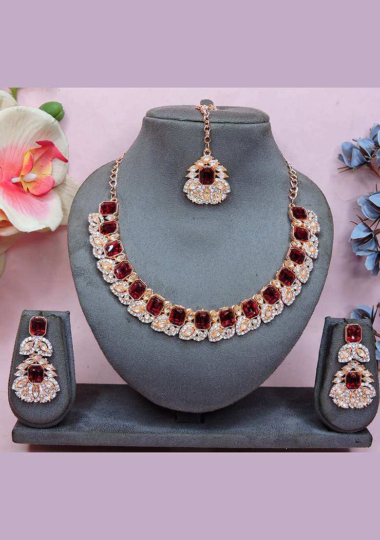 Maroon Alloy American Diamonds and Stone Necklace Set - Indya