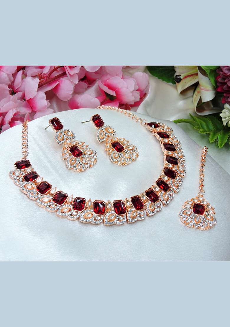 Maroon Alloy American Diamonds and Stone Necklace Set - Indya