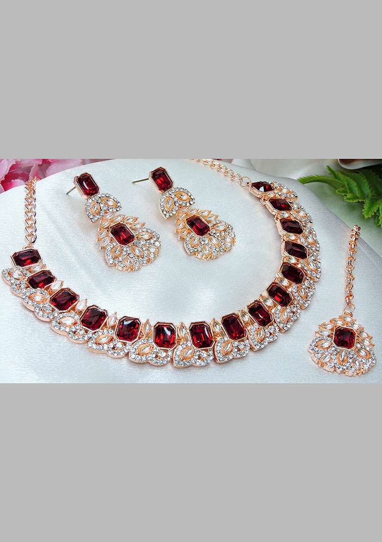 Maroon Alloy American Diamonds and Stone Necklace Set - Indya
