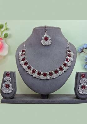 Maroon Alloy American Diamonds and Stone Necklace Set