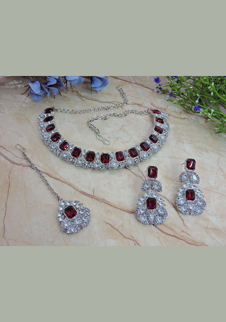 Maroon Alloy American Diamonds and Stone Necklace Set - Indya