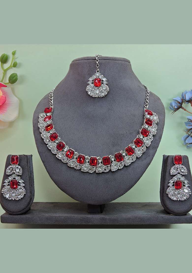 Red Alloy American Diamonds and Stone Necklace Set - Indya