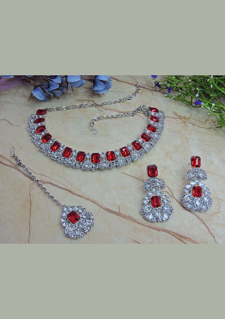 Red Alloy American Diamonds and Stone Necklace Set - Indya