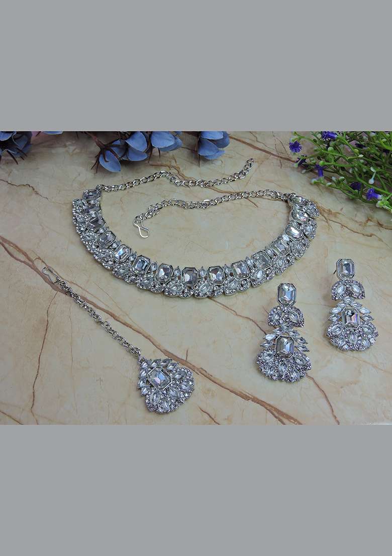 White Alloy American Diamonds and Stone Necklace Set - Indya