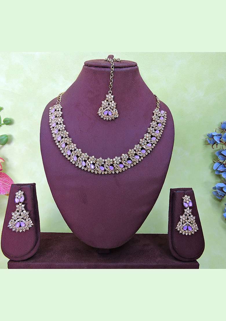 Purple Alloy American Diamonds and Stone Necklace Set - Indya
