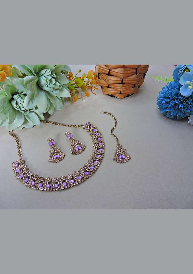 Purple Alloy American Diamonds and Stone Necklace Set - Indya