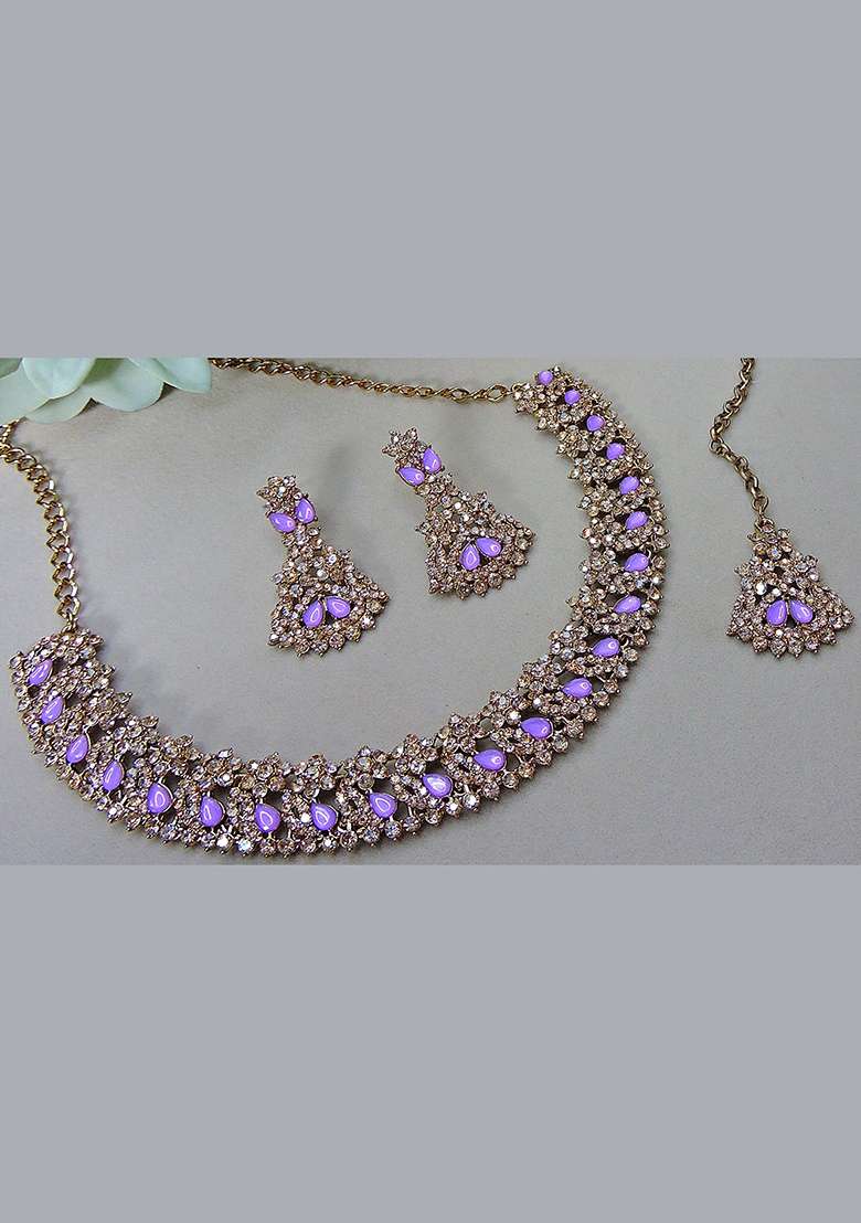Purple Alloy American Diamonds and Stone Necklace Set - Indya