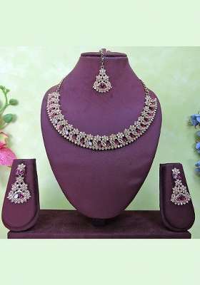 Purple Alloy American Diamonds and Stone Necklace Set