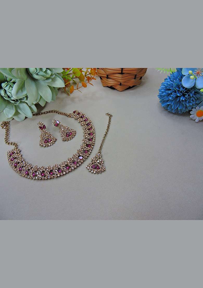Purple Alloy American Diamonds and Stone Necklace Set - Indya