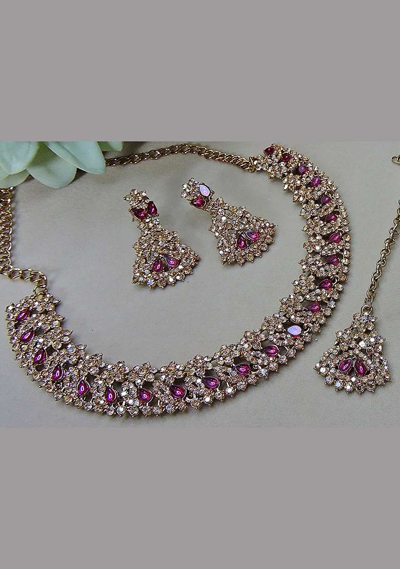 Purple Alloy American Diamonds and Stone Necklace Set - Indya