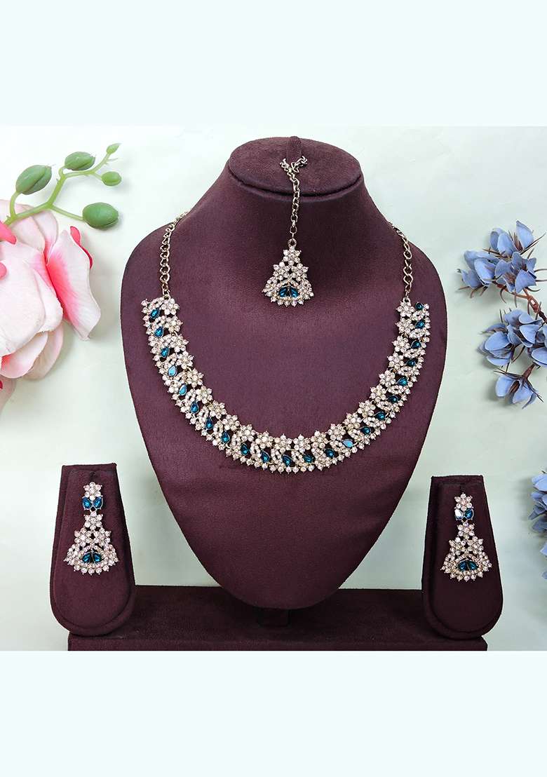 Green Alloy American Diamonds and Stone Necklace Set - Indya