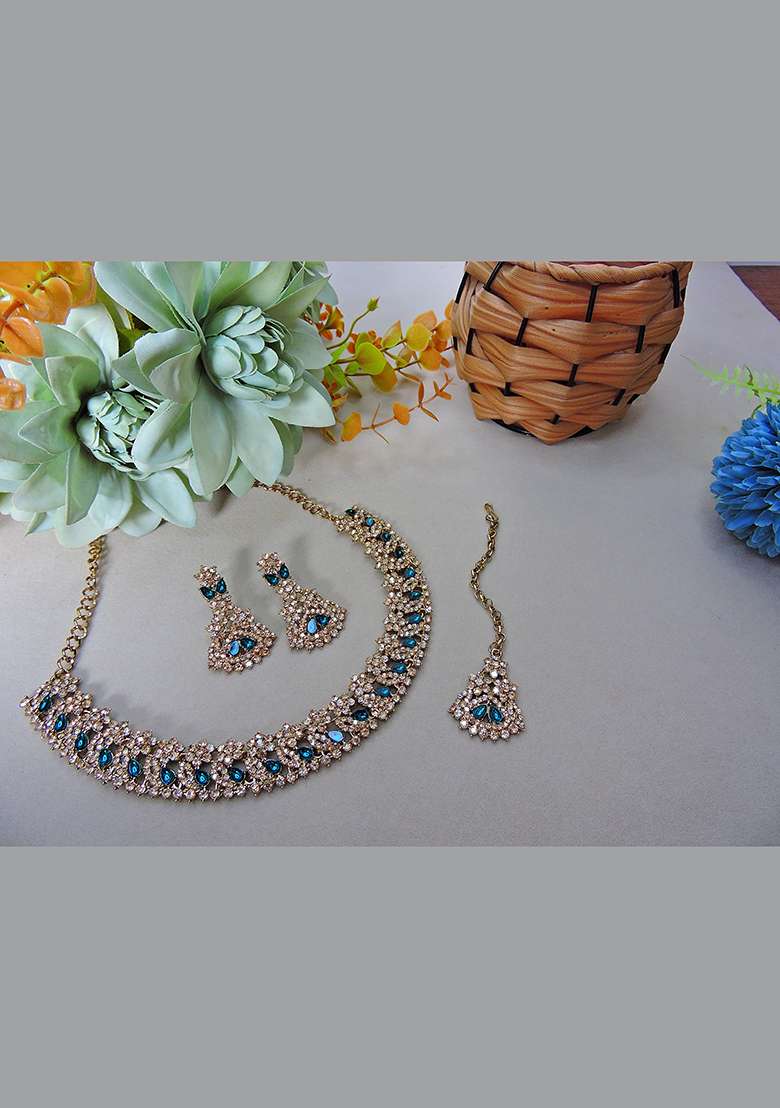 Green Alloy American Diamonds and Stone Necklace Set - Indya