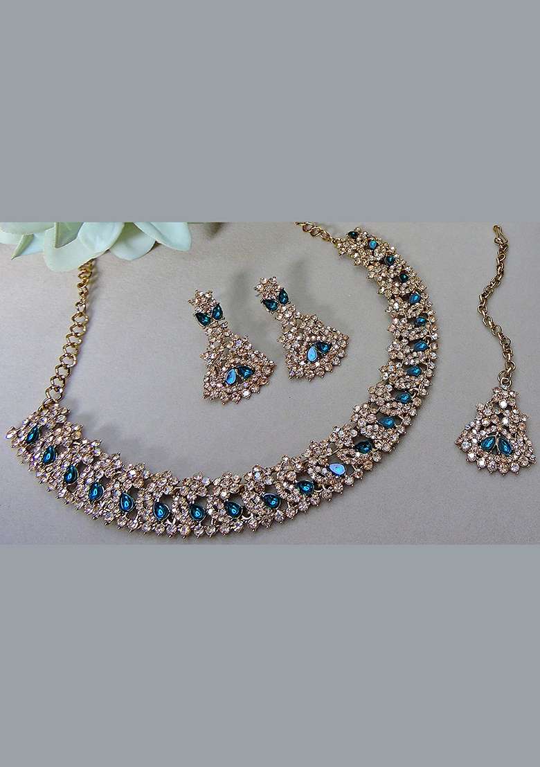 Green Alloy American Diamonds and Stone Necklace Set - Indya