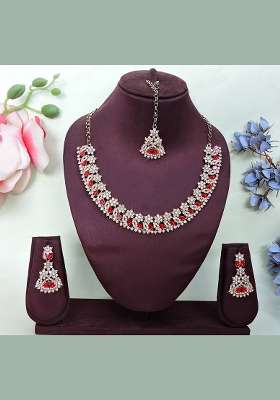 Red Alloy American Diamonds and Stone Necklace Set