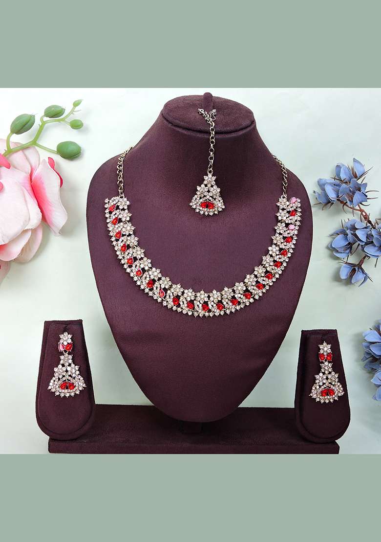 Red Alloy American Diamonds and Stone Necklace Set - Indya