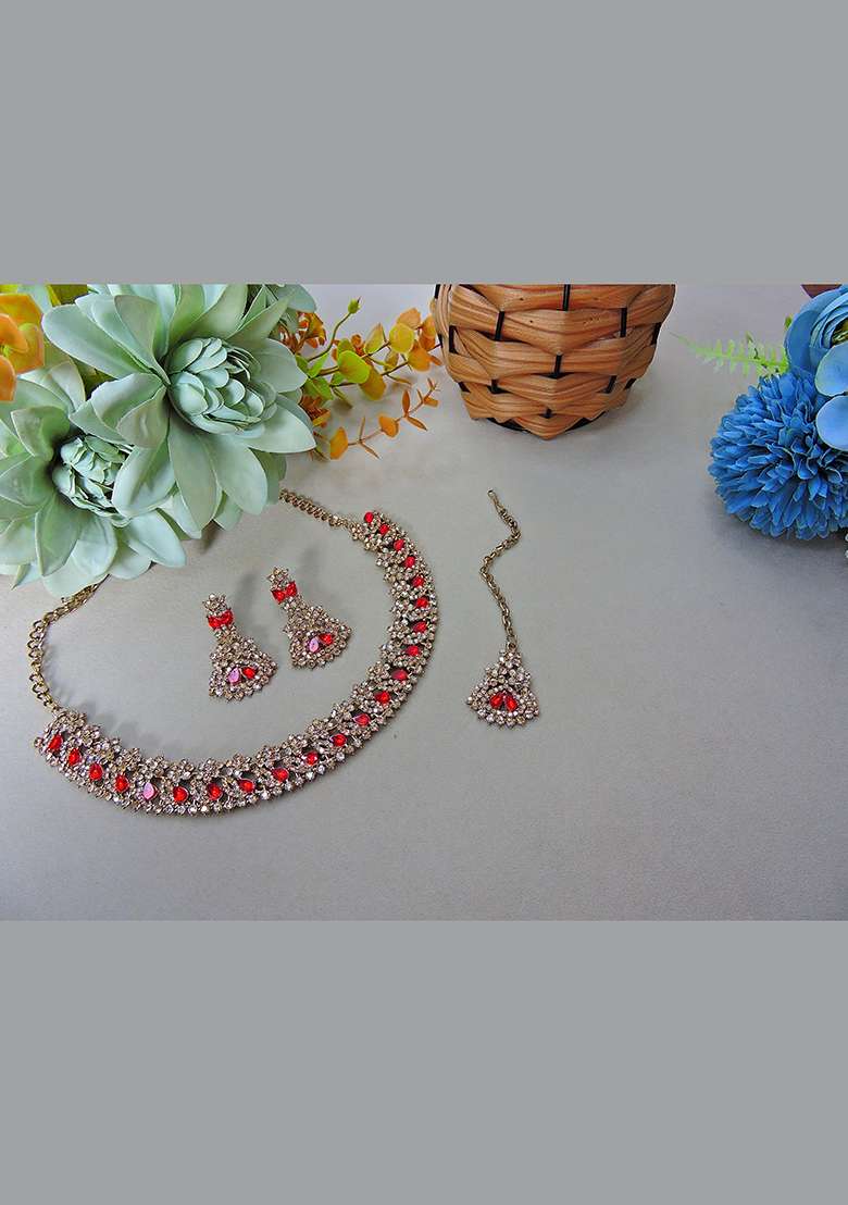 Red Alloy American Diamonds and Stone Necklace Set - Indya