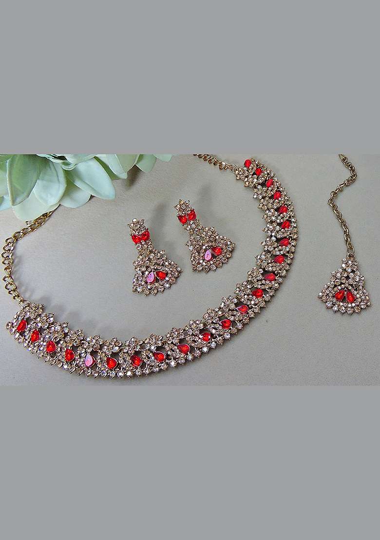 Red Alloy American Diamonds and Stone Necklace Set - Indya