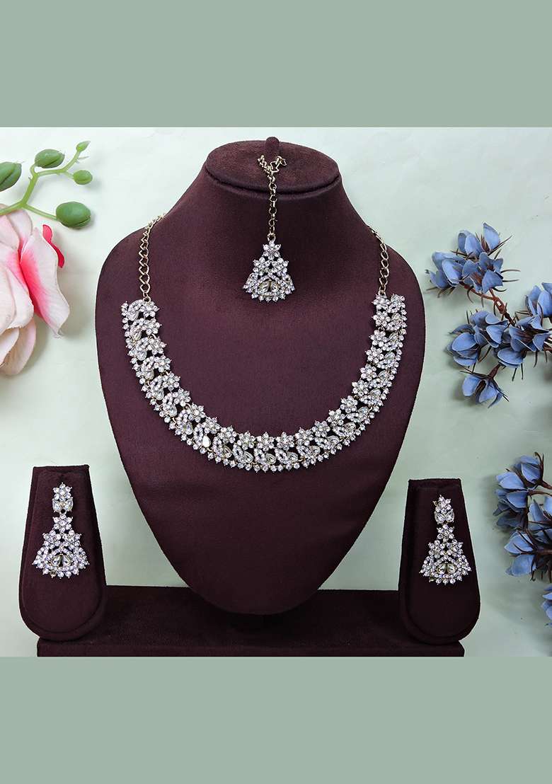 White Alloy American Diamonds and Stone Necklace Set - Indya