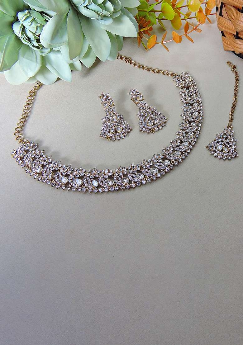 White Alloy American Diamonds and Stone Necklace Set - Indya