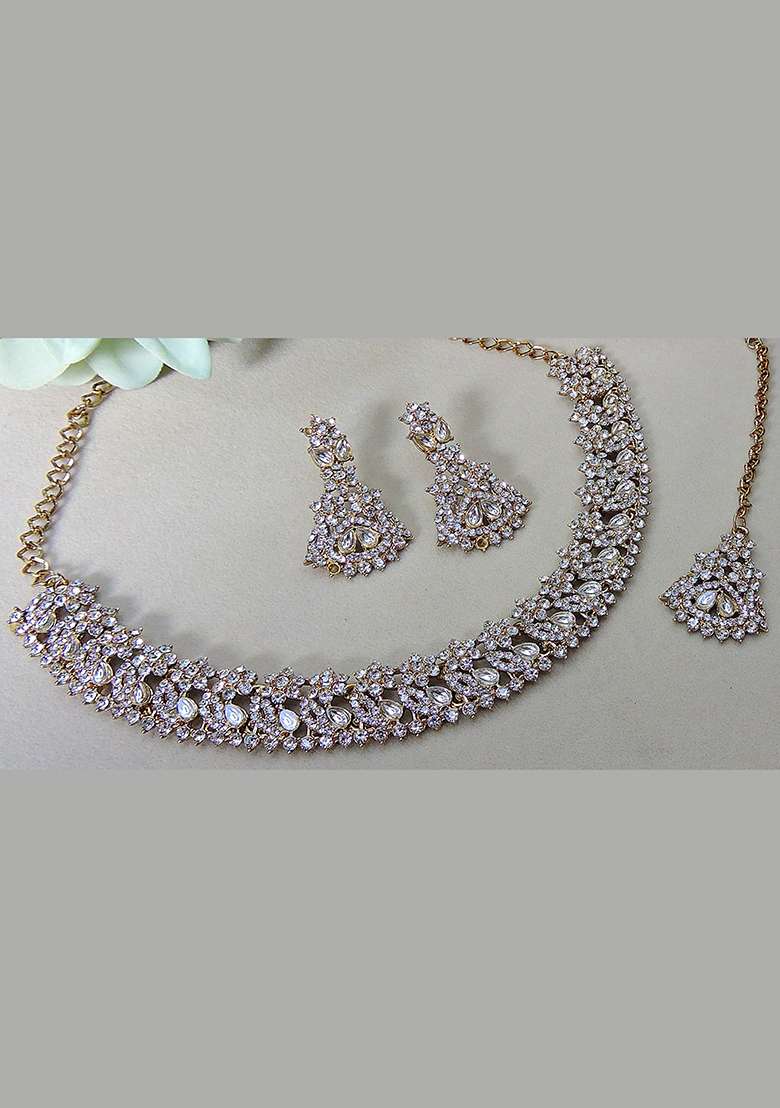 White Alloy American Diamonds and Stone Necklace Set - Indya