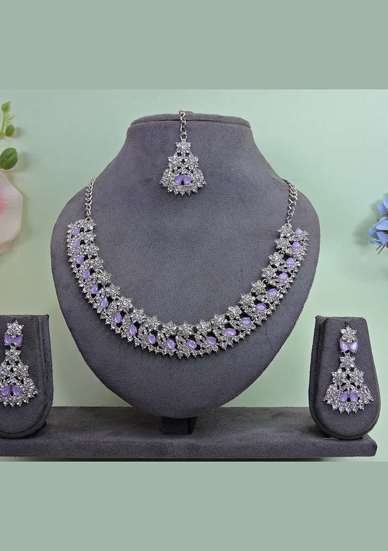 Purple Alloy American Diamonds and Stone Necklace Set - Indya