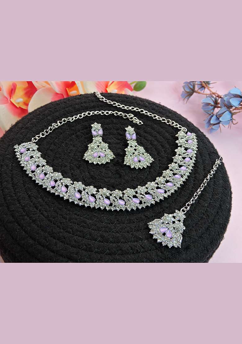Purple Alloy American Diamonds and Stone Necklace Set - Indya