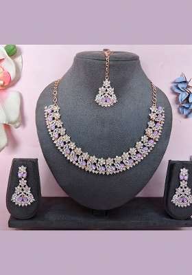 Pink Alloy American Diamonds and Stone Necklace Set